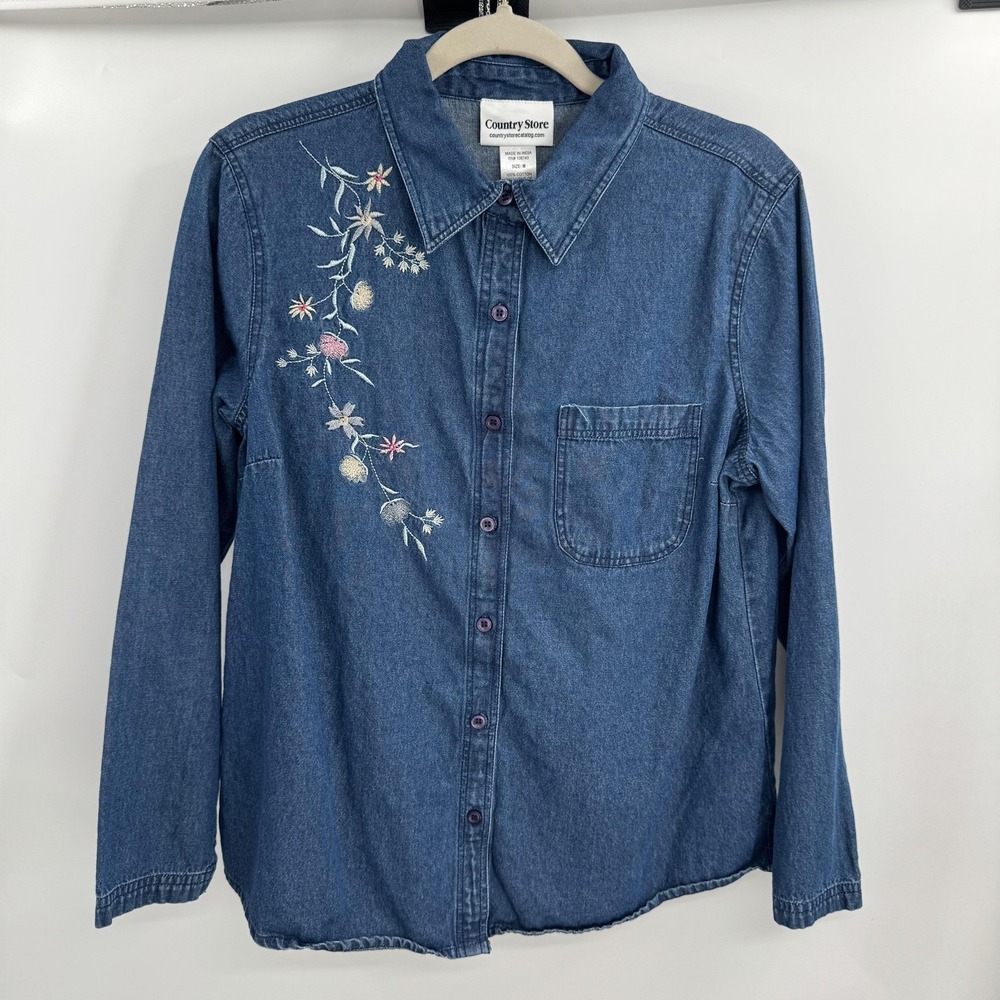 Country Store Denim Shirt Womens M‎ Blue Floral Embroidered Cottagecore Western